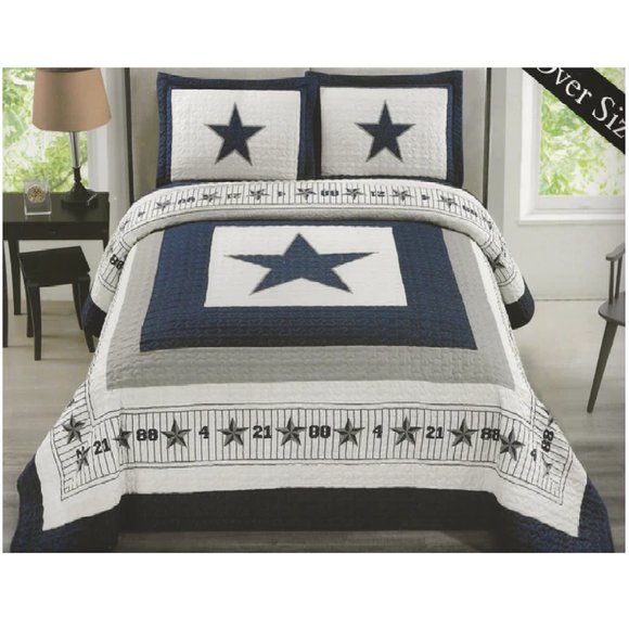 3 Piece Quilted Bedspread Set - Dallas Cowboys Blue Star Queen & King Size - Picture 2 of 2